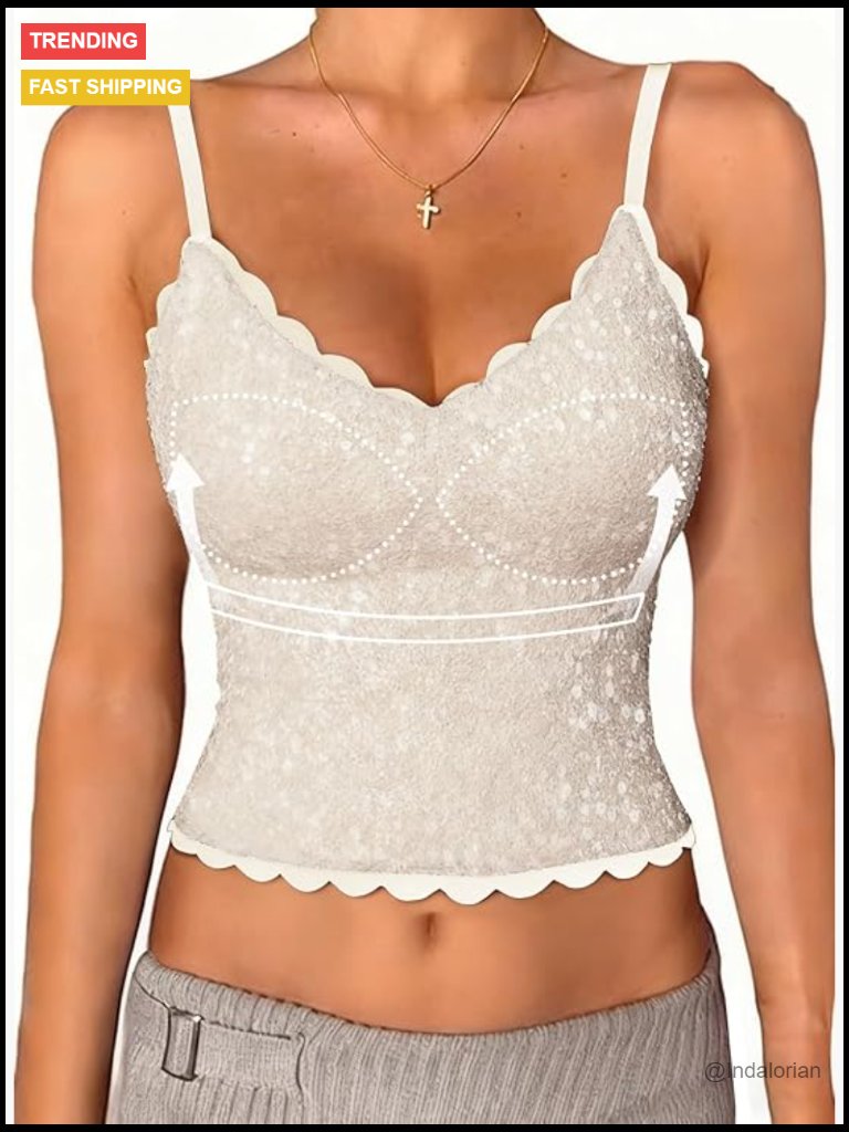 Sequin Built-In Bra V Neck Tank Top Adjustable Spaghetti Strap Cami